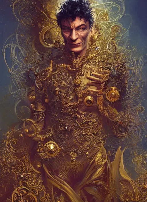 Image similar to high intricate painting of the sandman, ornate, full shot, neil gaiman, maria panfilova, andrea savchenko, mike kime, ludovic plouffe, qi sheng luo, oliver cook, julian calle, eddie mendoza, trending on artstation