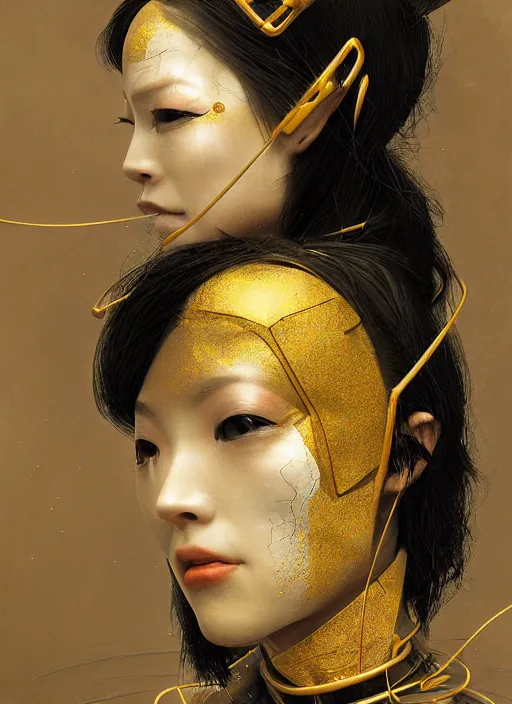 Image similar to portrait of a sensual futuristic geisha cyborg, kintsugi, modern fine art, fractal, intricate, elegant, highly detailed, digital photography, subsurface scattering, by jheronimus bosch and greg rutkowski,