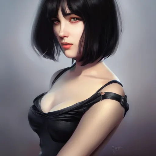 Image similar to portrait of beautiful young woman with black-hair and bangs, highly detailed, digital painting, artstation, concept art, sharp focus, illustration, art by ilya kuvshinov, krenz cushart, Greg Rutkowski