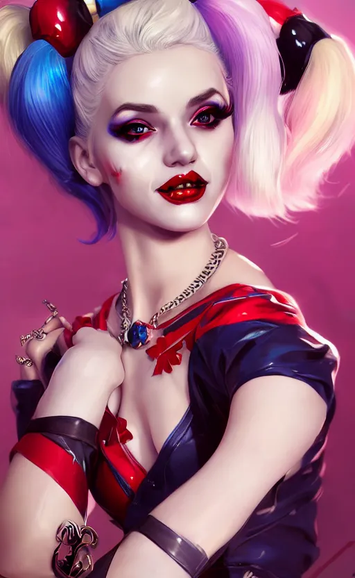 Image similar to a pin up and beautiful fashion charming dreamlke harley quinn with lv jewelry, character art, art by artgerm lau and wlop and and ilya kuvshinov and john singer sargent, hyperdetailed, 8 k realistic, symmetrical, frostbite 3 engine, cryengine, dof, trending on artstation, digital art