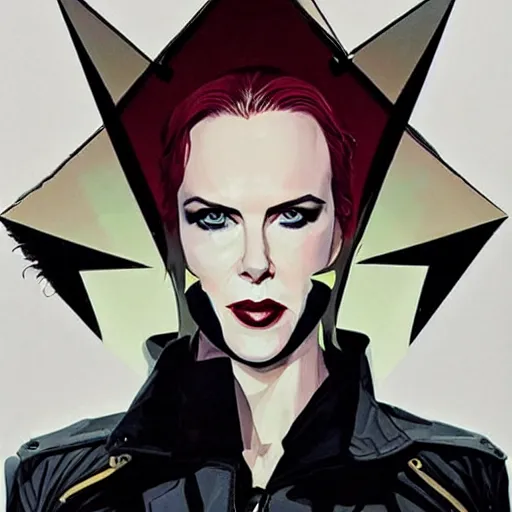 Prompt: Joshua Middleton comic art, pretty female Nicole Kidman, punk rocker, evil smile, symmetrical face, symmetrical eyes, white mohawk, black dress, full body:: rainy weather::