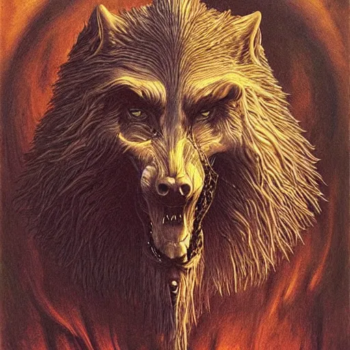 Image similar to an amazing masterpiece of art by gerald brom, Zdzisław Beksiński, werewolf