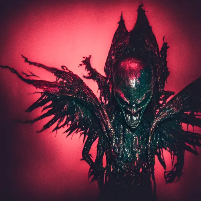 Image similar to a dark artistic photo of an alien creature with crazy wings, liminal eerie midnight backlit, big budget horror, a polaroid photo, bleeding decaying colors!