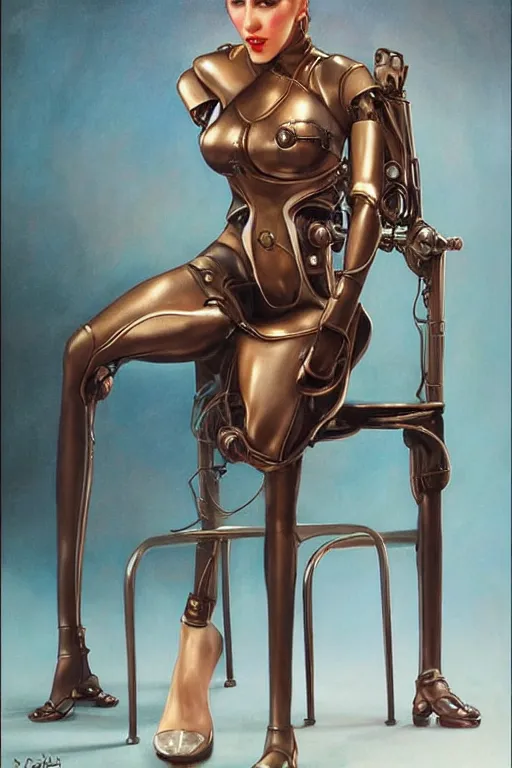 Image similar to retrofuturistic female android tied to a chair, steampunk, gears, detailed mechanical parts, painting by artgerm julie bell Jean Delville