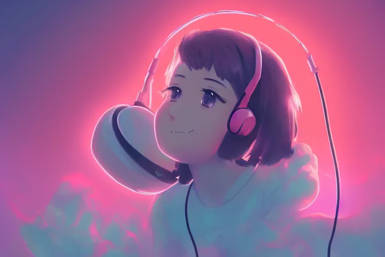 Prompt: a cute anime girl wearing headphones sitting on a cloud relaxing, misty, glows, digital art, hazy, foggy, ambient lighting, 8 k, neon, synthwave,