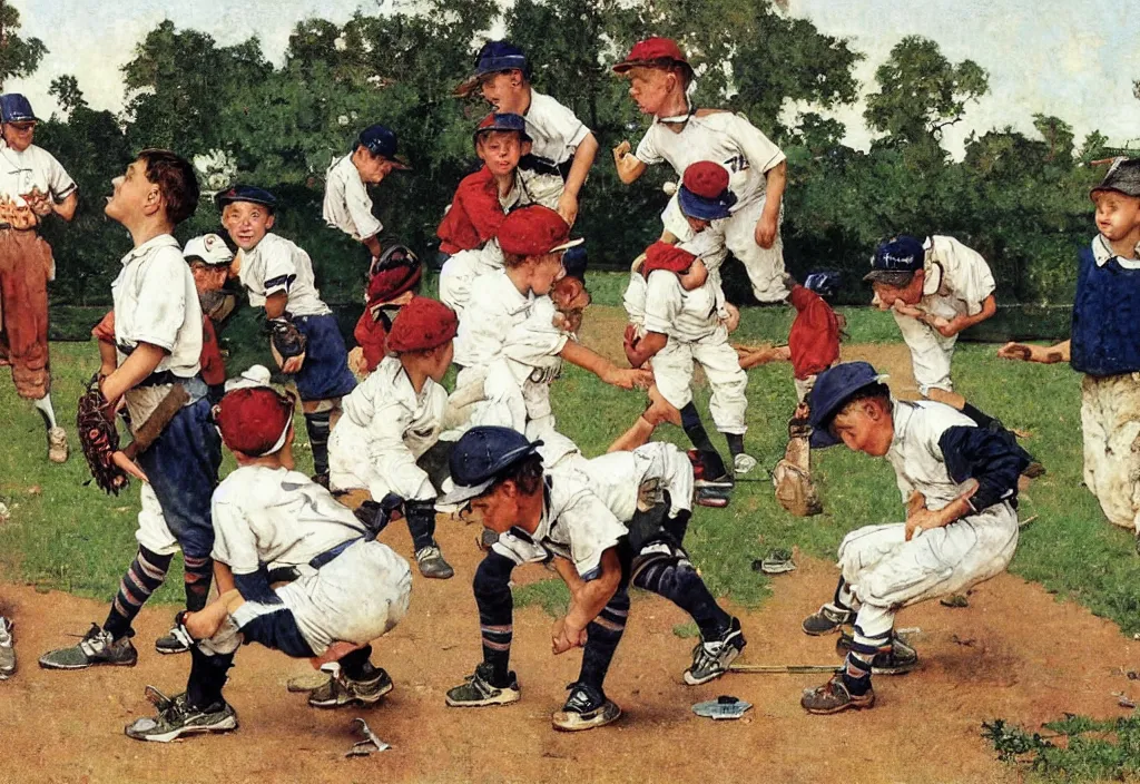 Prompt: a group of kids playing baseball by Norman Rockwell