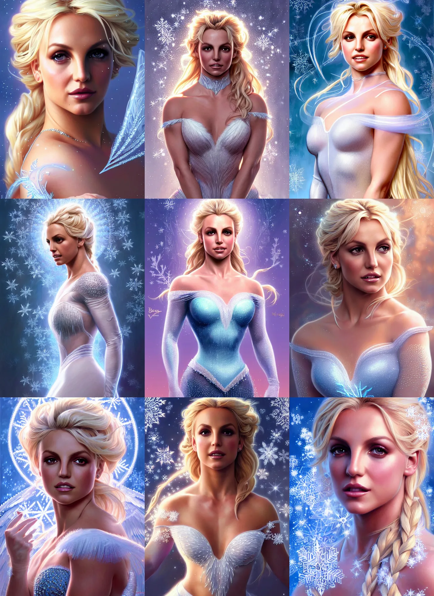 Image similar to ultra realistic illustration, a stunningly beautiful and dove britney spears as elsa, intricate, elegant, highly detailed, digital painting, artstation, concept art, smooth, sharp focus, illustration, art by artgerm and greg rutkowski and alphonse mucha