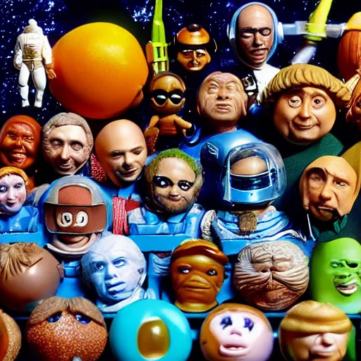 Image similar to a detailed photo of the characters from space balls as action figures, macro photography, zoom, table