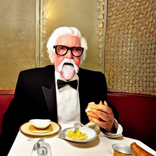 Image similar to colonel sanders eating in a michelin star french restaurant