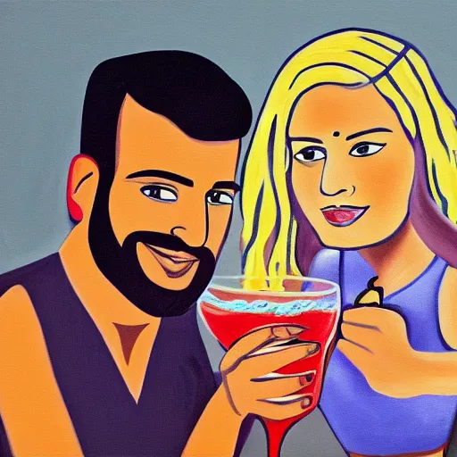 Image similar to painting of indian guy and blonde swedish girl drinking gin and tonics on the couch