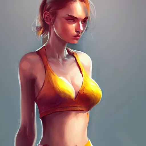 Image similar to a girl wearing a crop top, highly detailed, digital painting, artstation, concept art, smooth, sharp focus, illustration