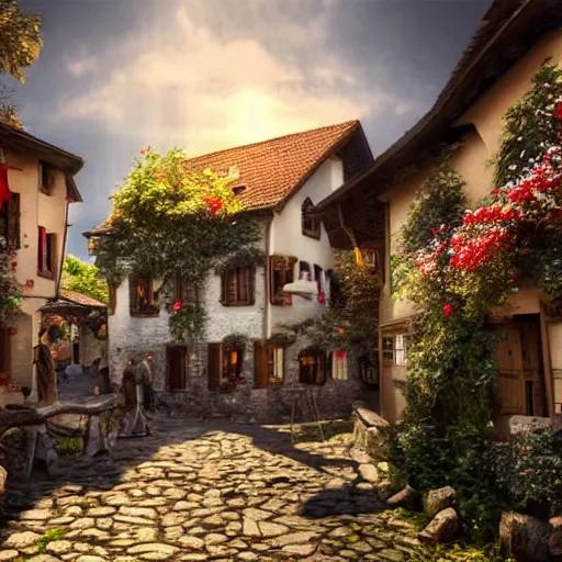 Image similar to a medieval village in switzerland, ornate, beautiful, atmosphere, vibe, flowers, concept art illustration, greg rutowski, volumetric lighting, sunbeams, particles,