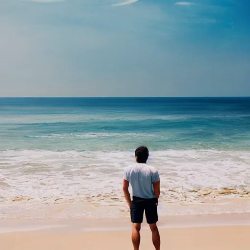 Prompt: a photo of a man posing, beach aesthetic