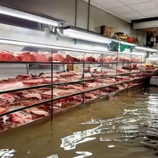 Image similar to a flooded butcher shop, where's wally