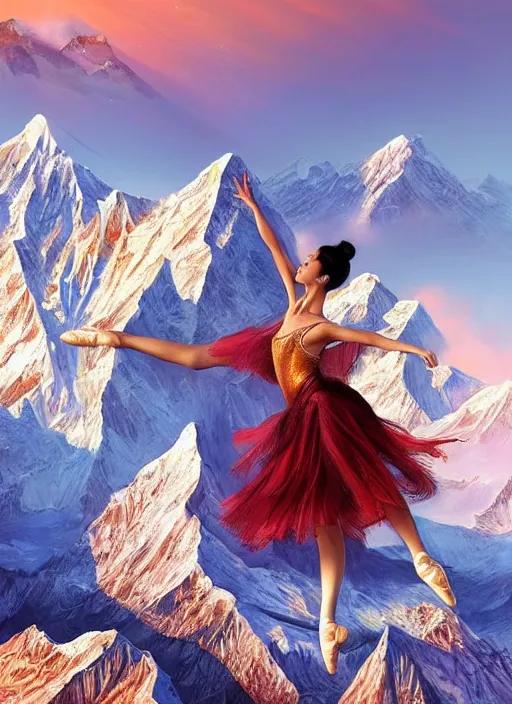 Image similar to stunningly beautiful, asian prima ballerina on mt everest, golden hour, smooth, focus, highly detailed, hyper realistic, dramatic lighting, elegant, intricate, concept art, art by wlop, mars ravelo, greg rutowski