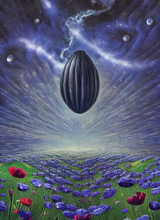 Image similar to detailed, intricate blue black and purple papaverum flower on the field, nebula, galaxy in the sky, winning award masterpiece, fantastically beautiful, illustration, aestheticly inspired, jacek yerka, upscale with anguissola sofonisba work, artstation, 8 k