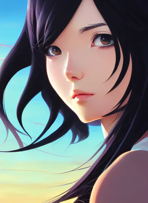 Image similar to a beautiful girl with long black hair in, island background, intricate, highly detailed, digital painting, artstation, official media, anime key visual, concept art, rich vivid colors, ambient lighting, sharp focus, illustration, art by Artgerm, Makoto Shinkai, Ilya Kuvshinov, Lois Van Baarle, and Rossdraws