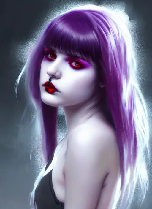 Image similar to portrait of white teenage girl, normal face, white bangs, mall goth, cyberlox, black and white hair, bangs, fluffy bangs, red contact lenses, purple lipstick, intricate, elegant, highly detailed, digital painting, artstation, concept art, sharp focus, smooth, illustration, art by wlop, mars ravelo and greg rutkowski