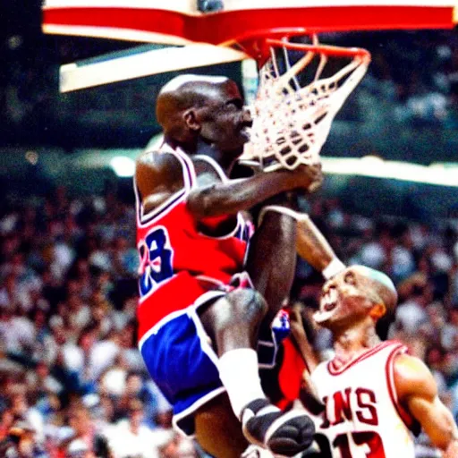 Image similar to small goblin dunking on Michael Jordan in basketball