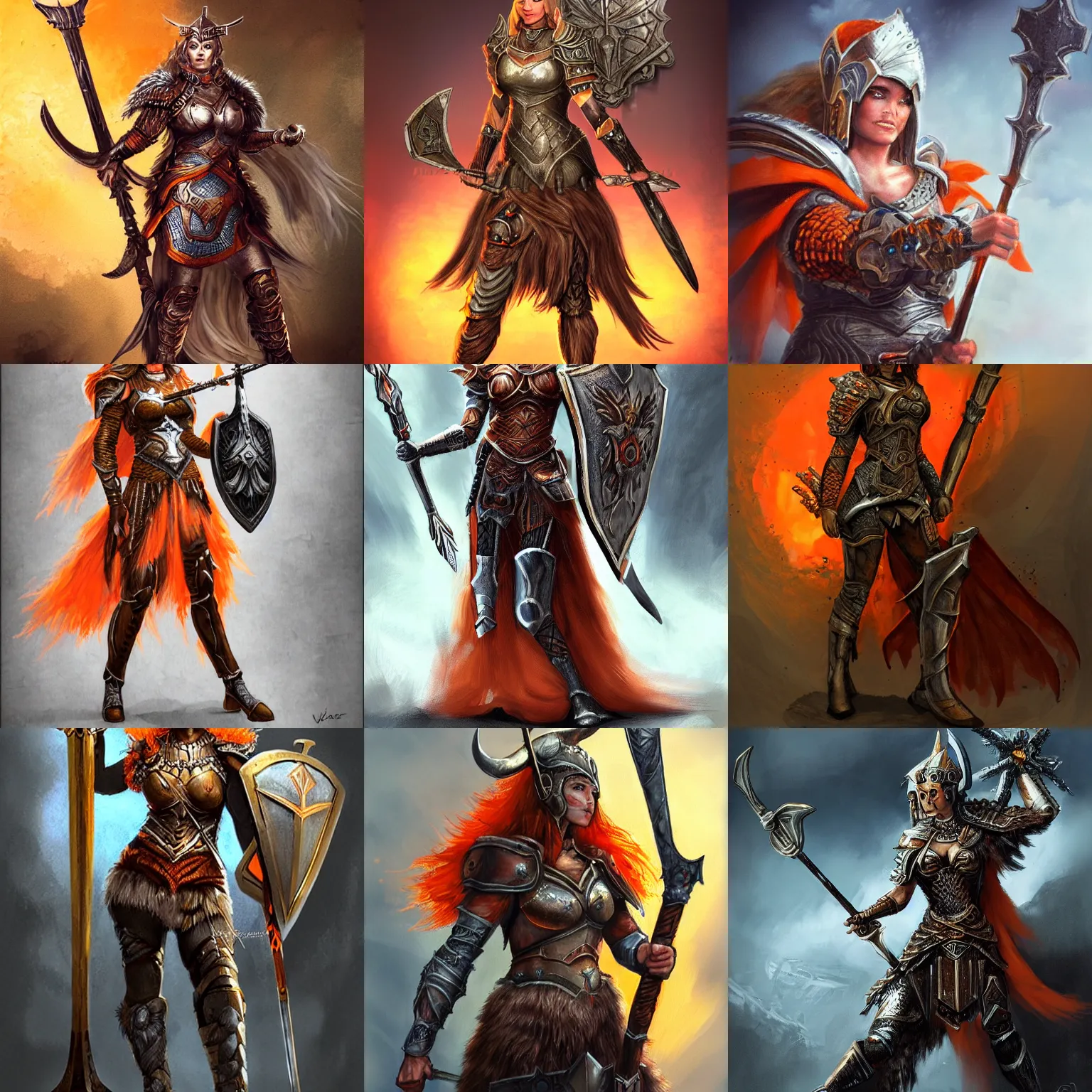 Prompt: Full portrait of detailed valkyrie wielding a shield and spear. Valkyrie is dressed in orange armor; dark fantasy, concept art, dark souls
