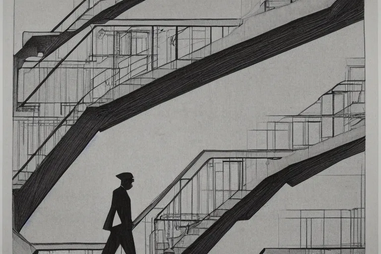 Prompt: M. C. Escher, Relativity. stairs,walk man,Lithograph.