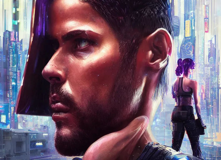 Prompt: cyberpunk meathead tries to intimidate cyberpunk feminist chick ( blade runner 2 0 4 9, dystopian, cyberpunk 2 0 7 7 character design ). gorgeous face. epic painting by james gurney and laurie greasley, oil on canvas. cinematic, hyper realism, realistic proportions, anatomy, dramatic lighting, high detail 4 k