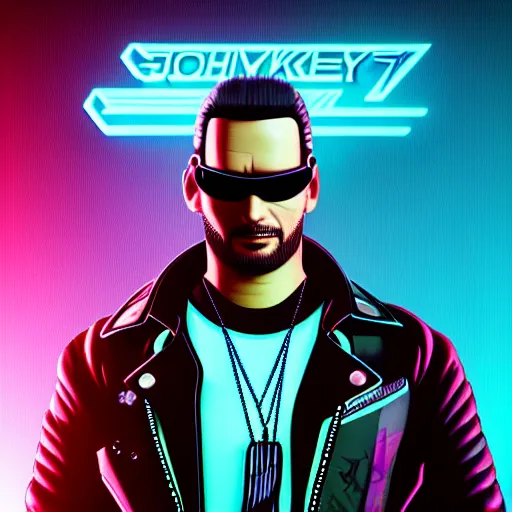 Image similar to 3 / 4 view closeup portrait of johnny silverhand from cyberpunk 2 0 7 7 with light blue shutter shades in front of a sunset, a dark purple leather jacket, vector art by jan tengnagel, pixabay contest winner, retrofuturism, retrowave, synthwave, outrun, portrait, synthwave