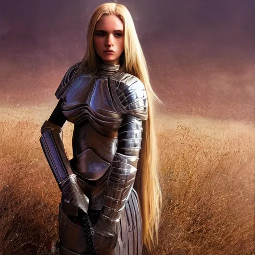 Image similar to female knight in the wild nature, dressed, blonde hair, symmetry, sci - fi, dark fantasy light, perfect composition, 4 k, ultra hd, sense of awe, highly detailed, realistic, intricate, created by wayne barlowe