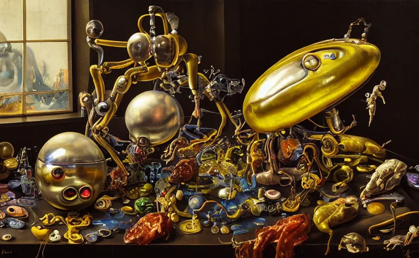 Prompt: strange seductive futuristic robot body, enticing colorful oil painting dutch golden age vanitas sensitive still life sparse composition with bulbous objects strange gooey transparent surfaces shiny metal reflections bizarre mutant meat insects rachel ruysch dali todd schorr very detailed perfect composition rule of thirds masterpiece canon 5 0 mm, cinematic lighting, photograph, film, hyper real