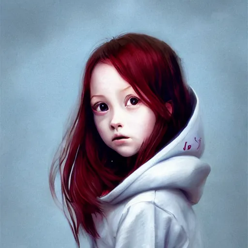 Image similar to a cute tiny girl with short red hair wearing a hoodie, digital art, very beautiful face, pretty face, very detailed eyes, full body illustration, 8 k resolution, soft painting, by greg rutkowski, wlop, rossdraws,