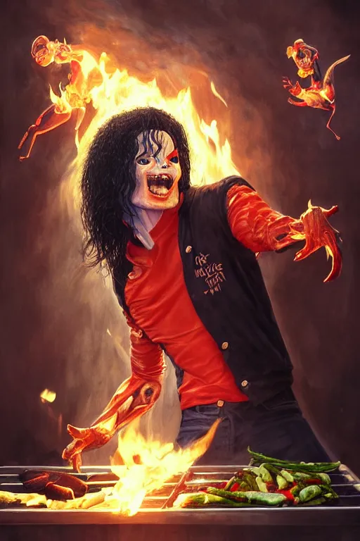 Image similar to michael jackson cooking a bbq as a demon, anatomy, bathed in light, highly detailed, photorealistic, artstation, smooth, sharp focus, illustration, unreal engine 5, 8 k, art by artgerm and greg rutkowski and edgar maxence