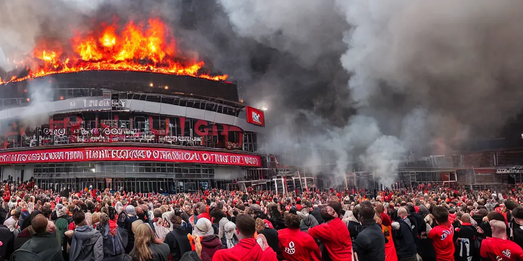 Image similar to old trafford theatre of dreams on fire during protest against the glazers, # glazersout, chaos, protest, banners, placards, burning, dark, ominous, pure evil, by stephen king, wide angle lens, 1 6 - 3 5 mm, symmetry, cinematic lighting