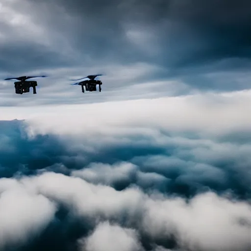 Image similar to cinematic areal shot of three drones flying through the clouds