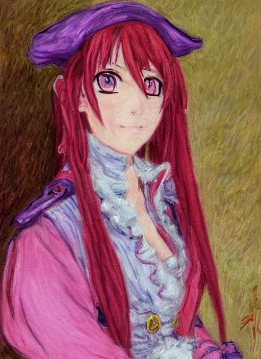 Image similar to a portrait of a female pirate, pink uniform, very anime in impressionist style, anime trending artwork, anime painter studio, by claude monet