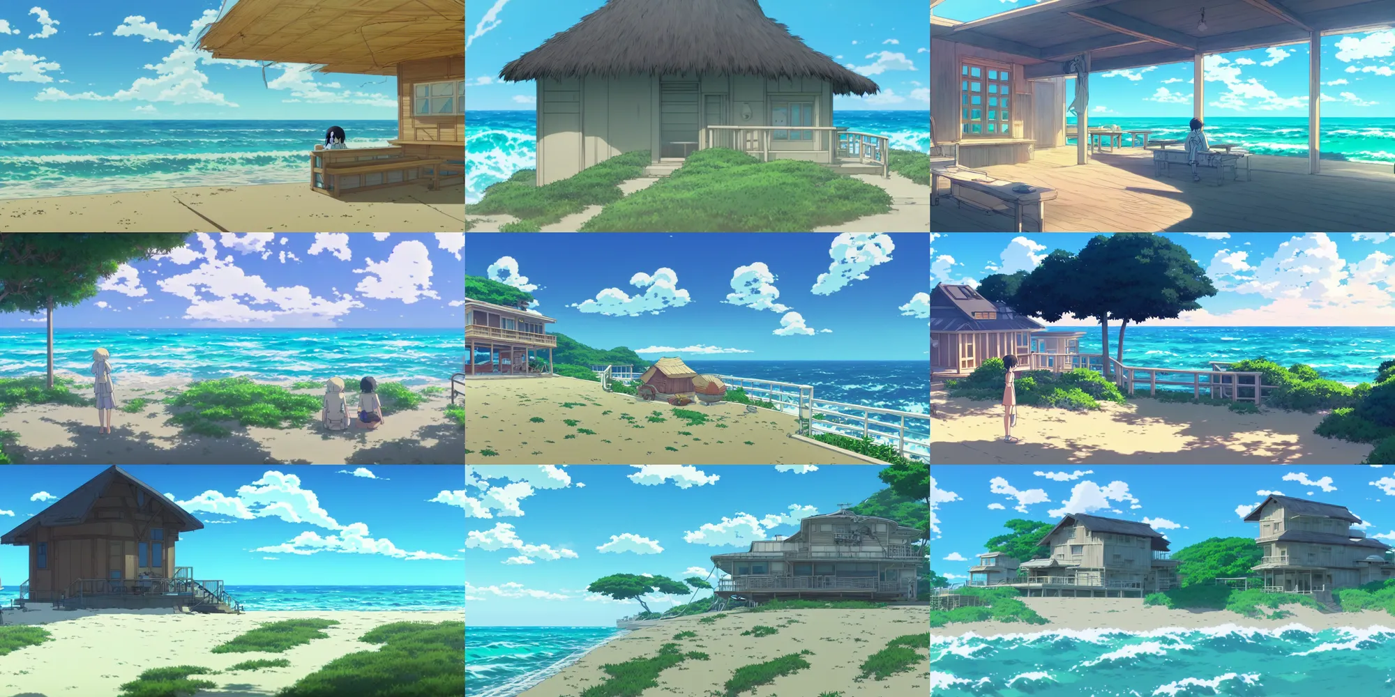 Prompt: a beach house by the ocean, screenshot from the anime film by Makoto Shinkai and studio ghibli