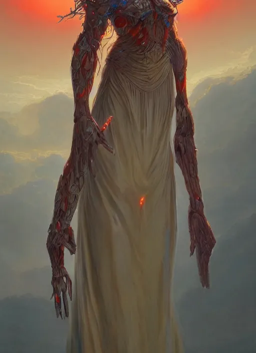 Prompt: biblical beautiful female druid android, birdlike, glowing veins, in clouds, sunset, portrait by wayne barlowe, by peter elson, by anato finnstark, muted colors, by frank frazetta, extreme detail, reflections, trending on artstation, 8 k