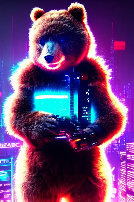 Image similar to high quality 3 d render very cute fluffy cyberpunk! bear!! plays electric guitar, cyberpunk highly detailed, unreal engine cinematic smooth, in the style of blade runner & detective pikachu, hannah yata charlie immer, moody light, low angle, uhd 8 k, sharp focus