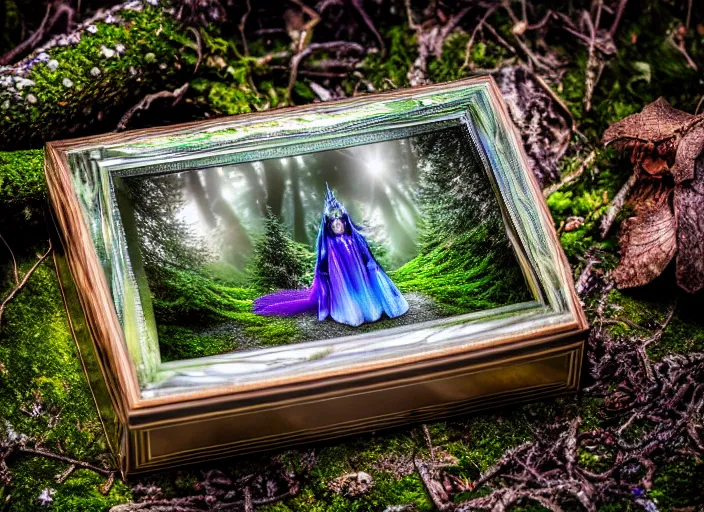 Image similar to photo of a crystal box with a magical kingdom inside, in the forest. Fantasy magic style. Highly detailed 8k. Intricate. Nikon d850 55mm. Award winning photography.