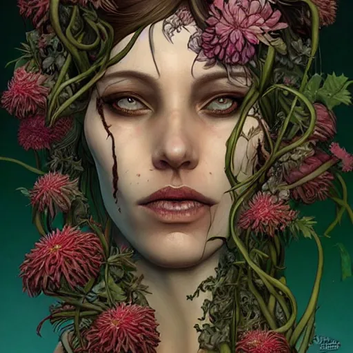 Prompt: a beautiful detailed front view portrait of a rotten woman corpse with plants and fractal flowers growing around, artgerm, joshua middleton comic cover art,