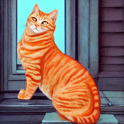 Prompt: A beautiful and adorable orange tabby cat on the front porch of a victorian house,bright lighting , digital art , highly detailed , high contrast, beautiful lighting, award winning , trending on art station, 8k