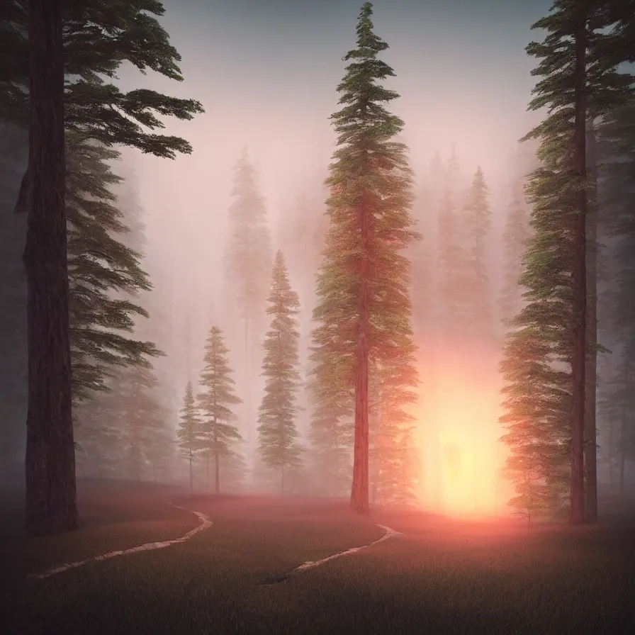 Prompt: surrealist abstract art of one natural path leading to the horizon through giant pine forests down rocky mountains towards a majestic valley during sunset. atmospheric foggy landscape, soft tones, psychedelic, ultra realistic, concept art, modern art, photorealistic, octane render.