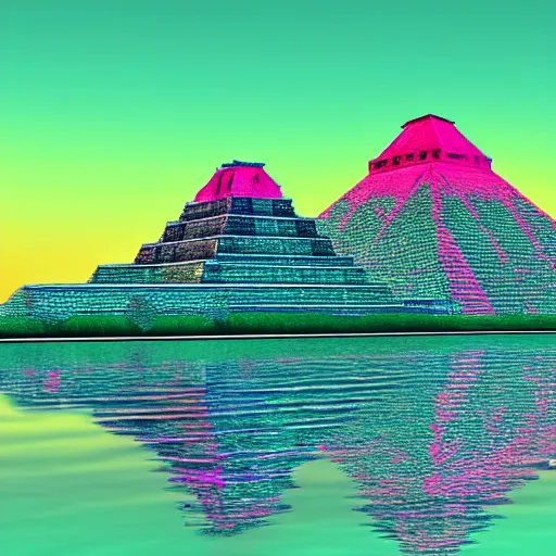 Prompt: neon mayan pyramids viewed from a lake,retrowave art,cyberpunk,trending on deviant art