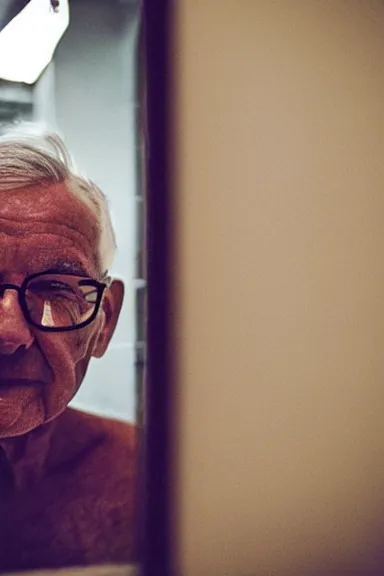 Prompt: a selfie in the bathroom of the top of an old man ’ s head