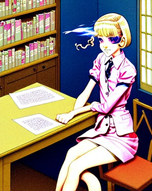 Prompt: illustration depicting a wealthy young mischievous female prep school student with medium length bright blonde hair and pale skin, in an old study room smoking her dad's cigarettes, complex artistic style, color ink pen illustration, subtle detailing, illustrated by Artgerm and Range Murata.