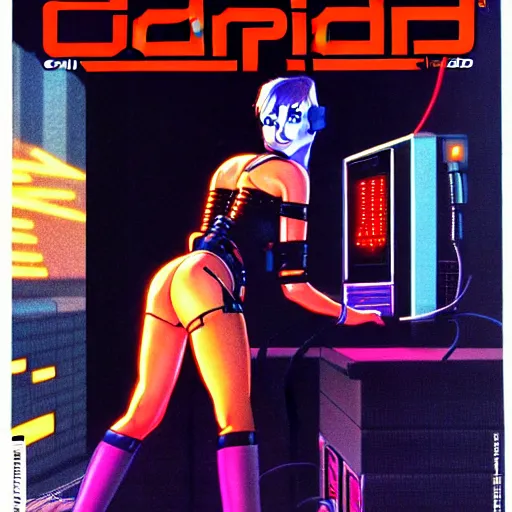 Image similar to cable plugged into cyberdeck, right temple, cyberpunk woman, computer, 1 9 7 9 omni magazine cover, style by vincent di fate, cyberpunk 2 0 2 0