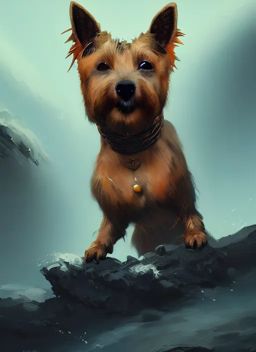 Image similar to norwich terrier in warriors clothing backround dark, highly detailed, digital illustration, trending in artstation, modern painting, smooth, sharp focus, intricate, by peter mohrbacher