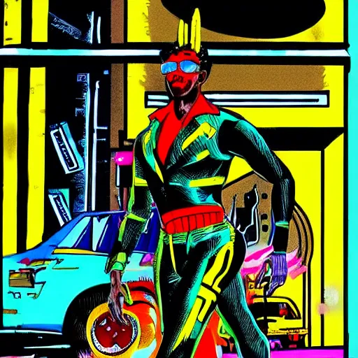 Image similar to afrofuturist man in a crowded busy street wearing a jumpsuit, simple, cyberpunk, far shot, full body shot, 1970s comic art style, retrofuturist