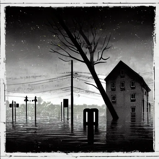 Image similar to Album Cover art for a dark ambient music project depicting a small german town being flooded