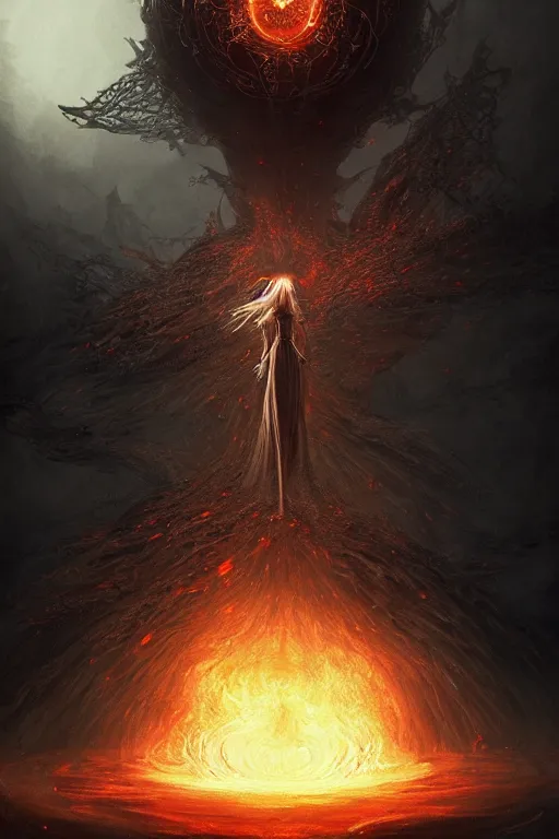 Prompt: Black Orb of Fire, digital art, fantasy, magic, trending on artstation, illustration by Seb McKinnon and Peter Mohrbacher, ultra detailed, atmospheric, powerful presence, bossfight, darksouls, grand finale, explosive entrance, final battle, cutscene, cinematic lighting, beautiful goddess, unleashing the power of the flame, burning pulse