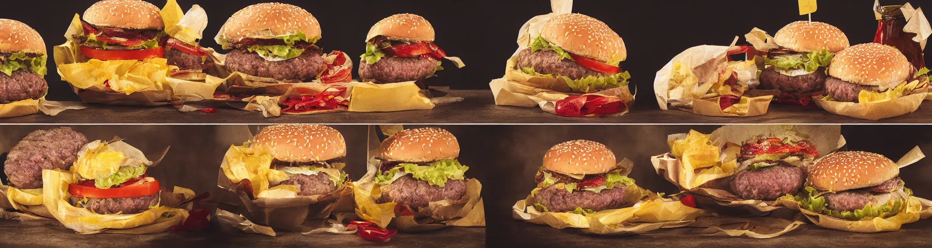 Image similar to a triptych of the hamburgers that represent all of history, award - winning food photograph